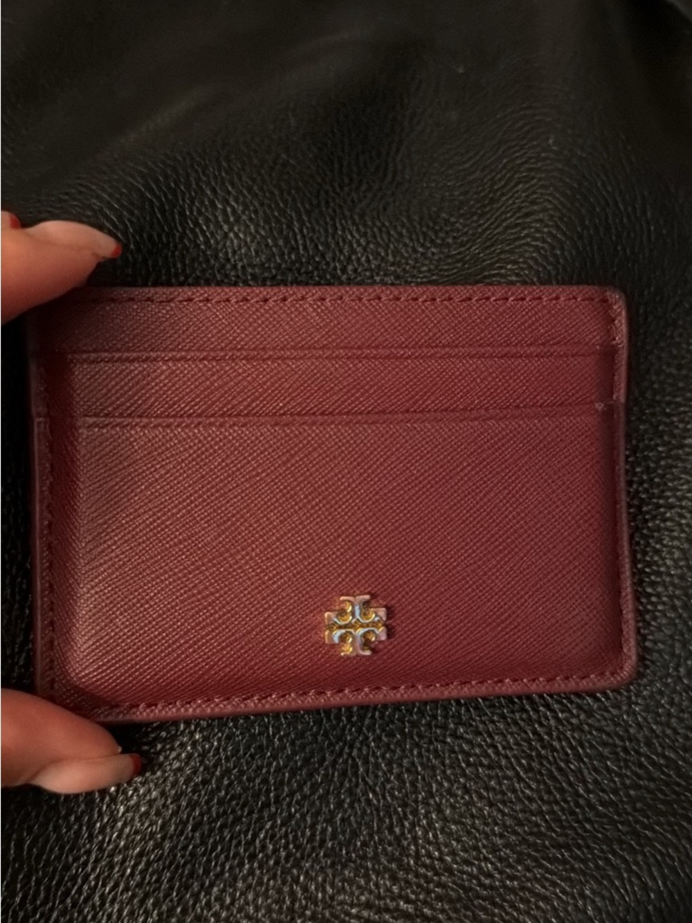 Tory Burch Burgundy Leather Card Case with Gold Logo